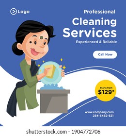Professional cleaning services banner design. Indian maid is cleaning plates of food. Vector graphic illustration.