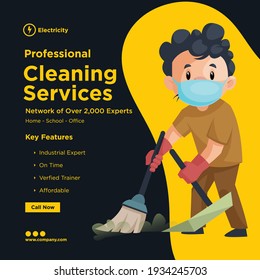 Professional cleaning services banner design. Cleaning man is wearing a surgical mask and holding a mop in hand. Vector graphic illustration.