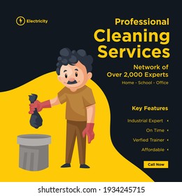 Diseño de banners para servicios de limpieza profesionales. El hombre que limpia está tirando un sobre de basura en el basurero. Ilustración gráfica vectorial.