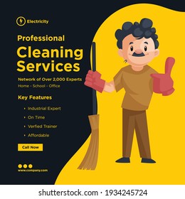Diseño de banners para servicios de limpieza profesionales. El hombre que limpia está usando guantes y sosteniendo la escoba. Ilustración gráfica vectorial.