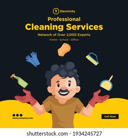 Diseño de banners para servicios de limpieza profesionales. Hombre de limpieza con equipo de limpieza. Ilustración gráfica vectorial.
