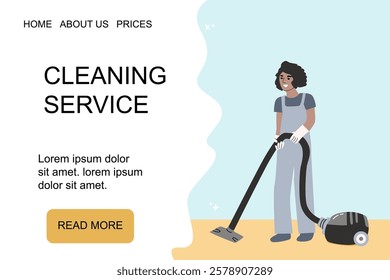 Professional cleaning services featuring equipment and happy employee for home maintenance.
