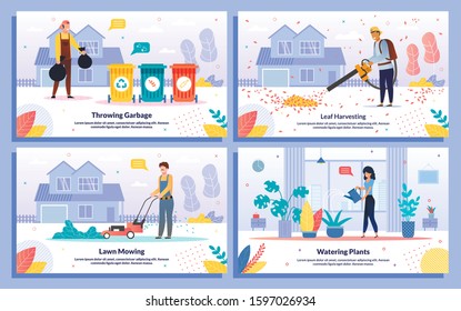 Professional cleaning services, housekeeping jobs trendy flat vector banners, posters set. gardener mowing lawn, worker harvesting leaves, throwing garbage bags, woman watering plants illustration