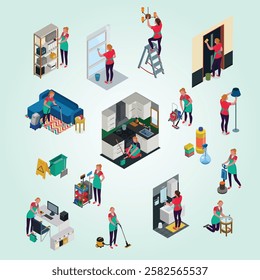 Professional cleaning services for office and apartment set of isometric icons isolated