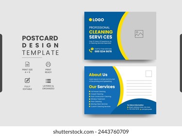 Professional cleaning services postcard template design, creative modern cleaning services agency postcard