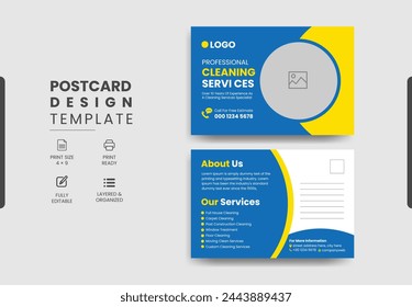 Professional cleaning services postcard template design, creative modern cleaning services agency postcard.
