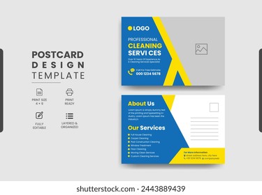 Professional cleaning services postcard template design, creative modern cleaning services agency postcard.