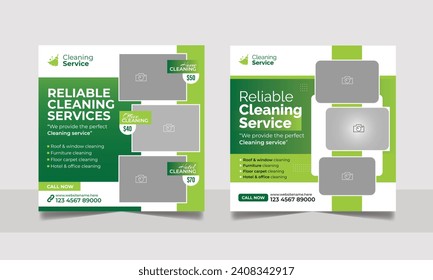 Professional cleaning services social media post template set, clean agency marketing web banner square flyer design.