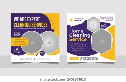 Professional cleaning services social media post template set, clean agency marketing web banner square flyer design.