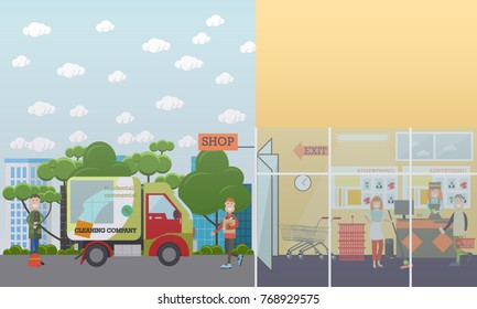 Professional cleaning services vector illustration. Cleaning specialists engaged in shop area cleaning. Cleaning business advertising concept. Flat style design.
