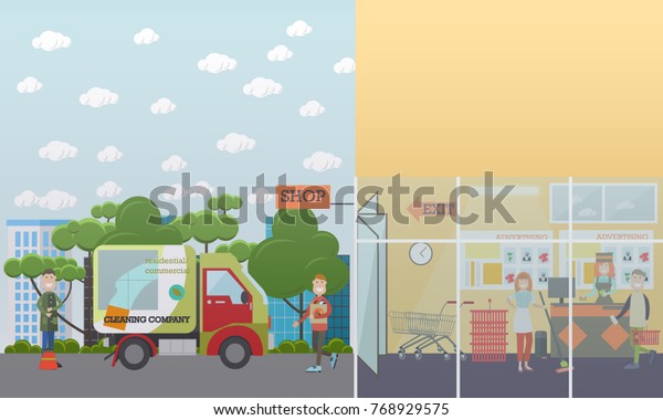 Professional cleaning services vector\
illustration. Cleaning specialists engaged in shop area cleaning.\
Cleaning business advertising concept. Flat style\
design.