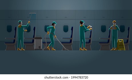 Professional Cleaning Team Service Working At Plane Cabin In Dark And Small Light. Lifestyle Of Work Hard Overtime And Overwork For Re-opening The Airline Business. Airplane Interior With Empty Seat.