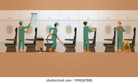 Professional Cleaning Team Service Working At Plane Cabin In Orange Morning Sunrise. Lifestyle Of Work Hard Overtime And Overwork For Re-opening The Airline Business. Airplane Interior And Empty Seat.