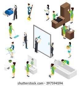 Professional cleaning team at work isometric icons composition banner with bathtub disinfection and furniture polishing abstract vector illustration 
