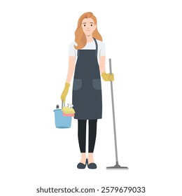 Professional Cleaning Woman in a cleaning uniform, wearing gloves and holding a mop. Flat vector illustration isolated on white background