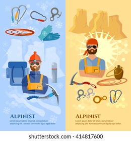 Professional climbers banner hiking in the mountains climbers summer and winter mountain tourism vector illustration 