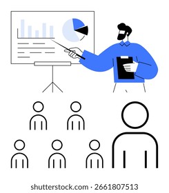 Profissional com área de transferência apresentando gráficos e gráficos na tela para o público atento. Ideal para negócios, apresentação, educação, análise de dados, treinamento corporativo, falar em público, trabalho em equipe