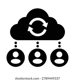 Professional cloud synchronization icon featuring connected users and cloud sync arrows representing SaaS collaboration, data sharing, user management, and cloud-based services. Ideal for software platforms, business applications, team collaboration tools, cloud computing websites, technology presentations, and digital transformation projects.