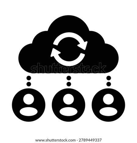 Professional cloud synchronization icon featuring connected users and cloud sync arrows representing SaaS collaboration, data sharing, user management, and cloud-based services. Ideal for software platforms, business applications, team collaboration tools, cloud computing websites, technology presentations, and digital transformation projects.