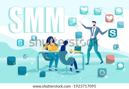 Professional Coach, Teaching Two Young Women SMM Basics. Man in Business Suit, Surrounded by Social Media Icons, Interconnected by Dashed Lines. Trainees with Laptops, Listening to Him Attentively.