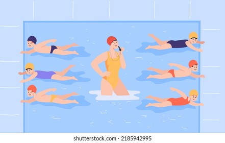 Professional coach training kids in swimming pool. Children learning swimming during class, swimmers exercising flat vector illustration. Swimming, competition, childhood concept for banner