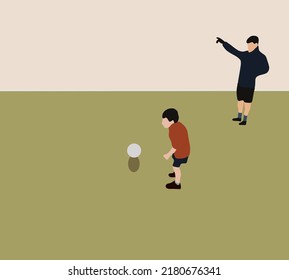 Professional coach trains the ball kicks with young football players. Back to school concept. Kids, boy playing soccer, football, training