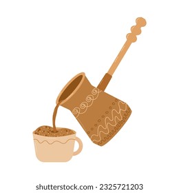 Professional coffee brewing. Turk with a pattern. Coffee is poured into a cup. Banner, poster, flyer design. Vector illustration.