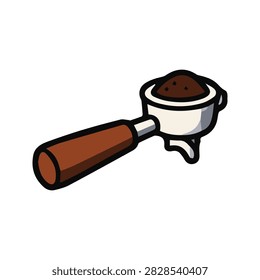 Professional Coffee Espresso Portafilter with Ground Beans and Wooden Handle Vector Illustration