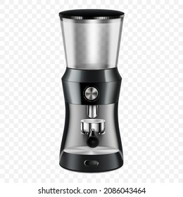 Grinder de café profesional, ilustración 3d vectorial realista, aislado en fondo transparente. Máquina de molienda automática de granos de café. equipamiento para la barista o cafetera.