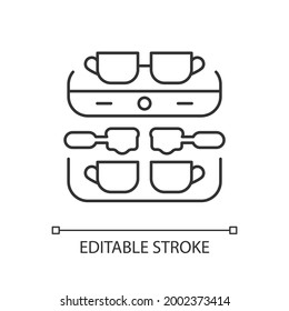 Professional coffee machine linear icon. Espresso maker. Coffee shop professional appliance. Thin line customizable illustration. Contour symbol. Vector isolated outline drawing. Editable stroke