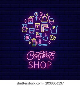 Máquina de café profesional icono redondo de luz de neón. Grabado de pincel de la cafetería. Banner de efecto luminoso exterior. Concepto de club o bar sobre fondo de pared de ladrillo. Trazo editable. Ilustración del vector