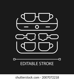 Professional coffee machine white linear icon for dark theme. Coffee shop professional appliance. Thin line customizable illustration. Isolated vector contour symbol for night mode. Editable stroke