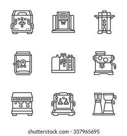 Professional coffee machines. Equipment for coffee shop, cafe and restaurant. Flat black line style vector icons set. Design elements for website or mobile app.