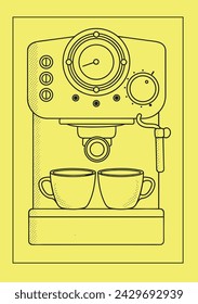 Professional coffee maker with 2 cups of coffee. vector illustration of line. poster yellow background