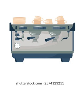 Professional coffee making machine for cafe. Commercial espresso maker, barista appliance. Brewing hot drinks device with portafilter, grinder and cups. Flat vector design element on white background.