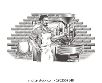 Professional coffee roaster and vintage roasting machine, roasted coffee beans and bags. Engraving or etching vintage style black and white vector illustration. Good for packaging or label design.