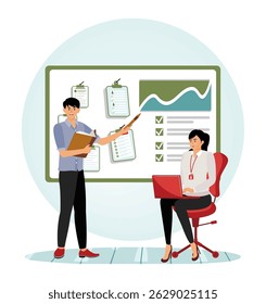 A professional with colleagues presenting statistical data and discussing progress using checklists for Team Project Presentation. 
