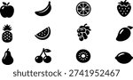 Professional collection of 12 minimalist fruit and healthy food icons. This high-quality black vector set features essential produce symbols: apple, banana, orange slice, strawberry, pineapple, watermelon wedge, bunch of grapes, mango, pear, cherries, kiwi, and lemon. These clean flat silhouettes are perfect for grocery store branding, nutrition apps, juice bar menus, organic farm infographics, vegan lifestyle blogs, and fresh food packaging design.