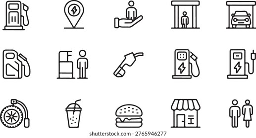 A professional collection of 15 minimalist black line vector icons, perfect for web design, app interfaces, and infographics related to gas stations, fuel services, convenience stores, and roadside amenities. The set includes detailed, scalable icons for petrol pumps, electric vehicle charging stations, car washes, tire services, food items like burgers and drinks, restroom facilities, and more, all with a consistent clean aesthetic.