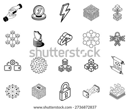 A professional collection of 20 isometric line art icons for cryptocurrency and blockchain technology. Features symbols for digital wallets, cloud mining, decentralized networks, and secure crypto transactions in a modern minimalist style.
