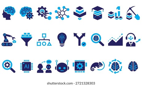 Una colección profesional de 24 iconos planos en una moderna paleta de colores azul oscuro y cian. Con símbolos para la tecnología de IA, algoritmos de aprendizaje automático, procesamiento de big data y automatización robótica. Ideal para startups tecnológicas, marketing digital y diseño de interfaces de software.