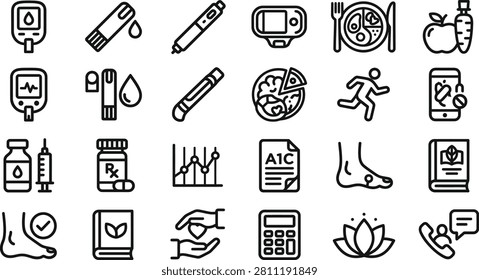 A professional collection of 24 minimalist vector line icons dedicated to diabetes management, healthcare, and healthy lifestyle monitoring. This clean outline graphic set includes essential medical symbols for blood glucose meters, test strips with blood drops, insulin injection pens, continuous glucose monitors (CGM), balanced meal plates, fresh fruits and vegetables (apple and carrot), pizza fast food, a running exercise figure, a medical mobile app, insulin vials with syringes, prescription pill bottles, blood sugar tracking charts, an A1C lab report, diabetic foot care indicators, healthy cookbooks, supportive hands holding a heart, calculators, a wellness lotus flower, and medical consultation support. Ideal for healthcare mobile apps, medical website interfaces, patient education materials, and wellness presentations.
#DiabetesCare #MedicalIcons #VectorArt #GlucoseMonitoring #HealthcareDesign #LineIcons #HealthyLifestyle #InsulinPen #UIUXDesign #GraphicAssets