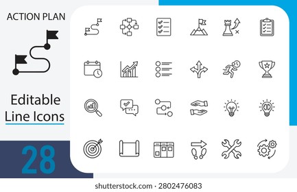 A professional collection of 28 editable line icons designed for action plan and business strategy. These minimalist vector symbols cover essential themes like goal setting, planning, analysis, teamwork, and achievement. Perfect for presentations, project management dashboards, and productivity apps, this cohesive set ensures clarity and consistency in visual communication.

#ActionPlan #BusinessIcons #EditableLineIcons #StrategyDesign #ProductivityTools #ProjectManagement #MinimalistIcons #TeamworkDesign #GoalSetting #WorkflowIcons