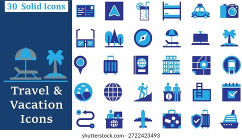 Una colección profesional de 30 iconos sólidos diseñados para la industria de los viajes y la hostelería. Este conjunto incluye símbolos para navegación, equipaje, destinos tropicales, transporte y servicios de hotel. Con una moderna estética azul de doble tono, estos Vectores son perfectos para agencias de viajes, App de reservas, folletos de vacaciones e interfaces de Web relacionadas con el turismo.