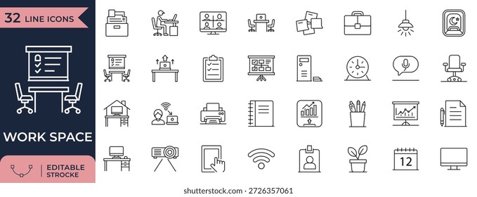 Eine professionelle Kollektion von 32 dünnen Linien-Symbolen mit Büromöbeln, Remote-Arbeitsgeräten und Produktivitätstools für Unternehmen. Ideal für Business-Website UI, administrative Schulungsmaterialien und Innenraumbeschilderung.
