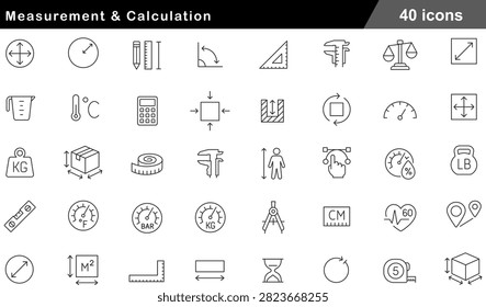 A professional collection of 40 measurement and calculation line icons designed in a clean, minimal black vector outline style. This technical geometry and drafting UI set features essential precision instruments and metrics, including callipers, balance scales, rulers, protractors, set squares, measuring cups, thermometers, calculators, tape measures, spirit levels, barometers, compasses, weight indicators (KG and LB), area dimension boxes (M2), and vector curve edit nodes. Presented on a crisp white background, these high-precision linear vector graphics are perfect for engineering software, architecture tools, educational apps, math dashboards, scientific interfaces, and construction design platforms.