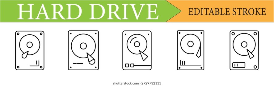 Professional collection of 5 hard drive HDD line icons with editable strokes. Ideal for technology, data storage, and computer hardware designs.
