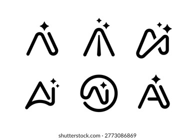 A professional collection of 6 minimalist logo marks based on the Letter-A shape combined with sparkle and star elements. These monoline symbols are versatile for Artificial Intelligence, creative tech startups, and digital branding. The designs represent a blend of peak performance, futuristic vision, and premium quality, ideal for modern app icons or corporate identities.