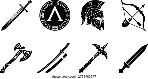 A professional collection of antique warfare armor and weapon silhouettes in image_8631bb.png, featuring swords, a spartan shield, low poly helmet, battle axe, and bow with arrows. Ideal for gaming branding, historical logos, sports team mascots, and apparel design graphics. A professional collection of antique warfare armor and weapon silhouettes in image_8631bb.png, featuring swords, a spartan shield, low poly helmet, battle axe, and bow with arrows. Ideal for gaming branding, historical logos, sports team mascots, and apparel design graphics.