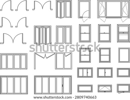 Professional collection of architectural symbols featuring various door and window styles in both plan and elevation views. Ideal for architects and interior designers creating detailed floor plans, technical blueprints, and construction documentation